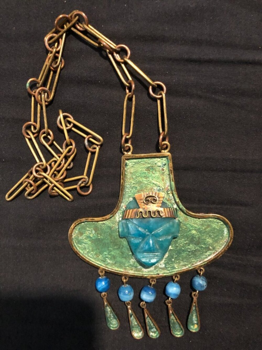 Vtg Mixed Metals Mexican Aztec Carved Stone Tribal Mask Copper Brass Pendant Nec